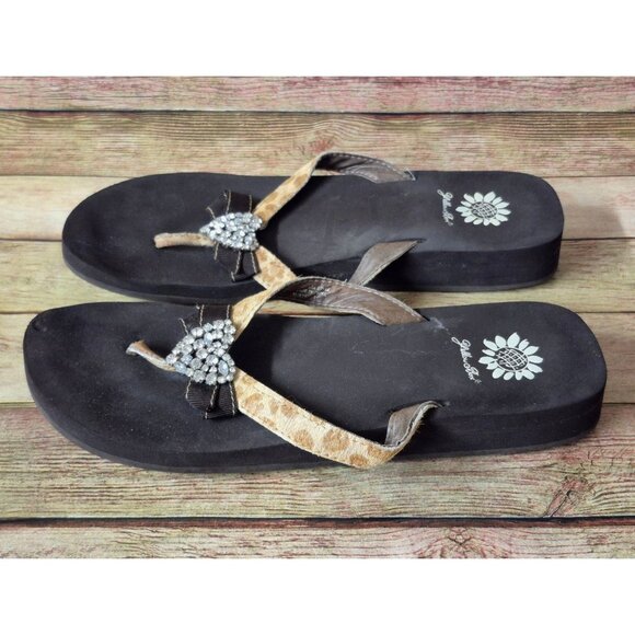 Yellow Box Leather Cowhide Cheetah Print Flip Flops Size 9 Heart & Bow Comfort - Picture 8 of 11